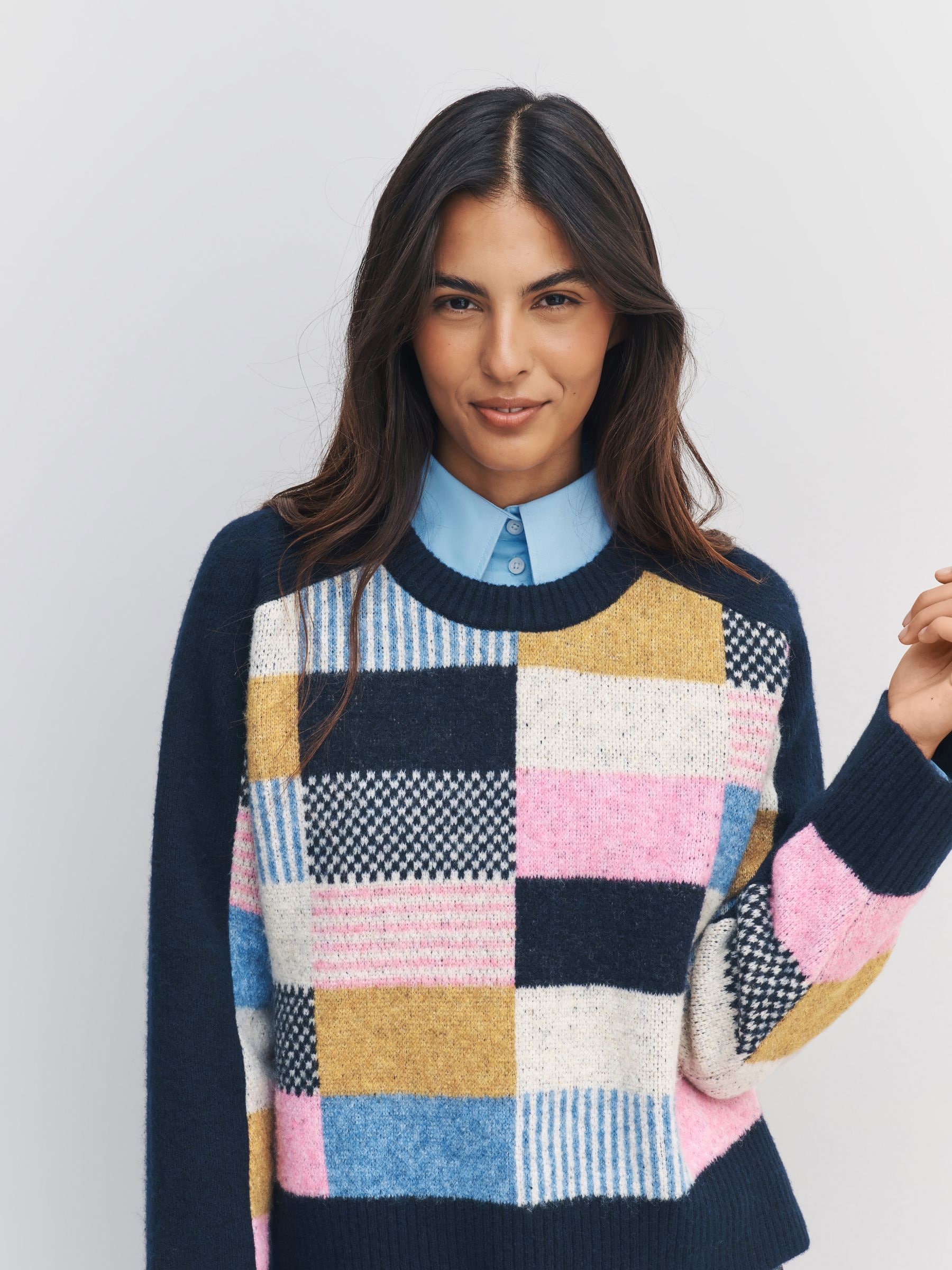 Buy Navy Blue Multi Patched Crew Neck Knitted Jumper with Wool