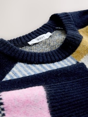 Navy Blue Multi Patched Crew Neck Knitted Jumper with Wool - Image 7 of 7