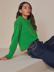 Green/Pink Tipped - كنزة بحافة رقبة مستديرة من صوف الغنم الفاخر 100% - صورة 1 من 8