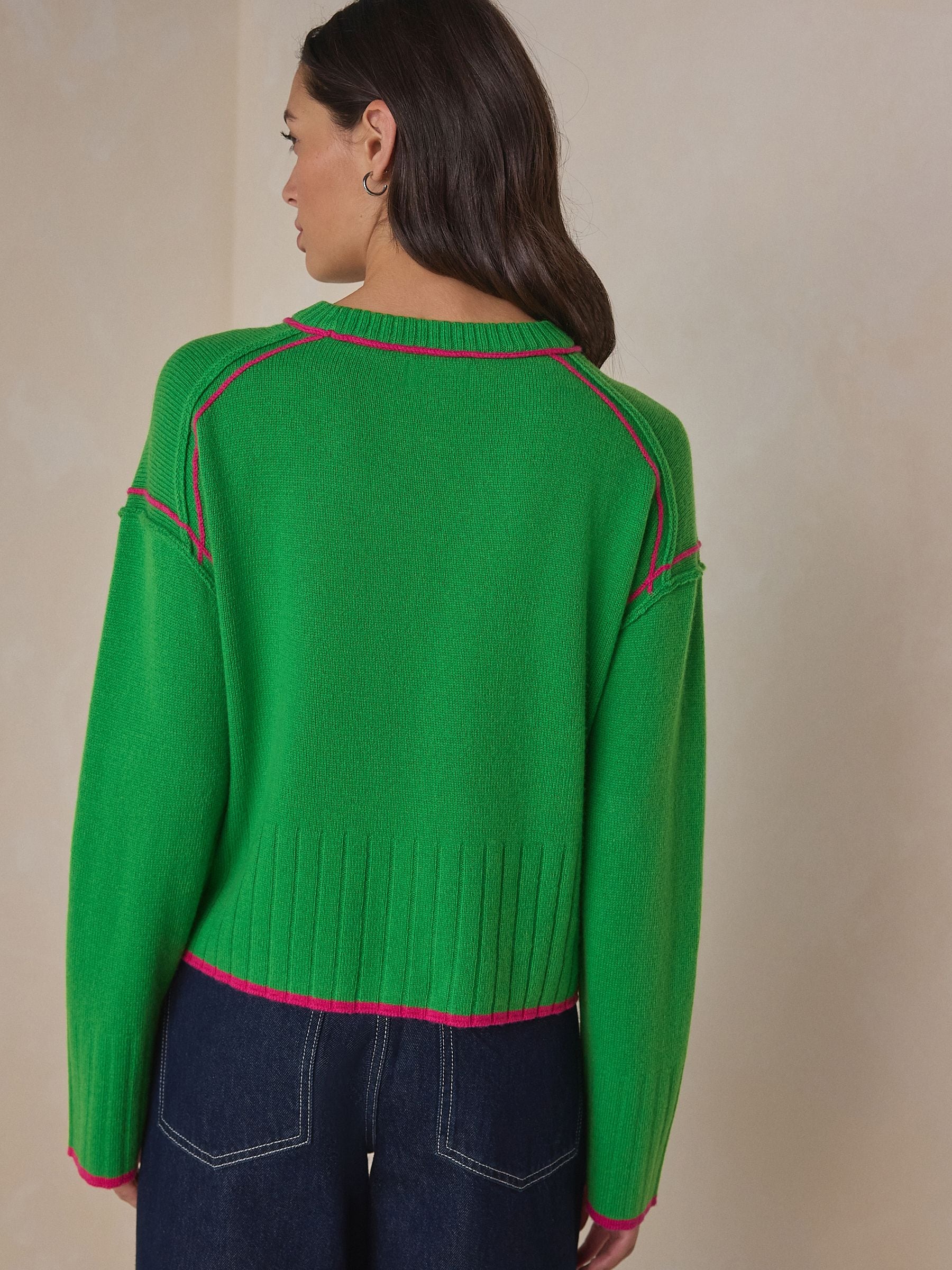 Buy Green/Pink Tipped N. Premium 100% Lambswool Crew Neck Jumper
