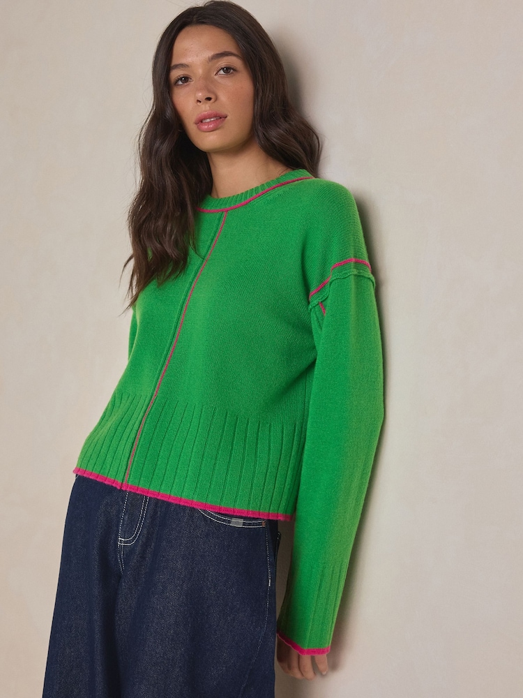 Green/Pink Tipped - كنزة بحافة رقبة مستديرة من صوف الغنم الفاخر 100% - صورة 2 من 8