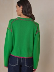 Green/Pink Tipped - كنزة بحافة رقبة مستديرة من صوف الغنم الفاخر 100% - صورة 3 من 8