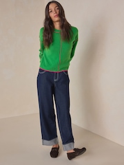 Green/Pink Tipped - كنزة بحافة رقبة مستديرة من صوف الغنم الفاخر 100% - صورة 4 من 8