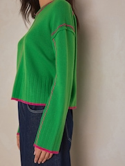 Green/Pink Tipped - كنزة بحافة رقبة مستديرة من صوف الغنم الفاخر 100% - صورة 5 من 8