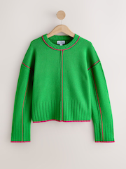 Green/Pink Tipped - كنزة بحافة رقبة مستديرة من صوف الغنم الفاخر 100% - صورة 6 من 8