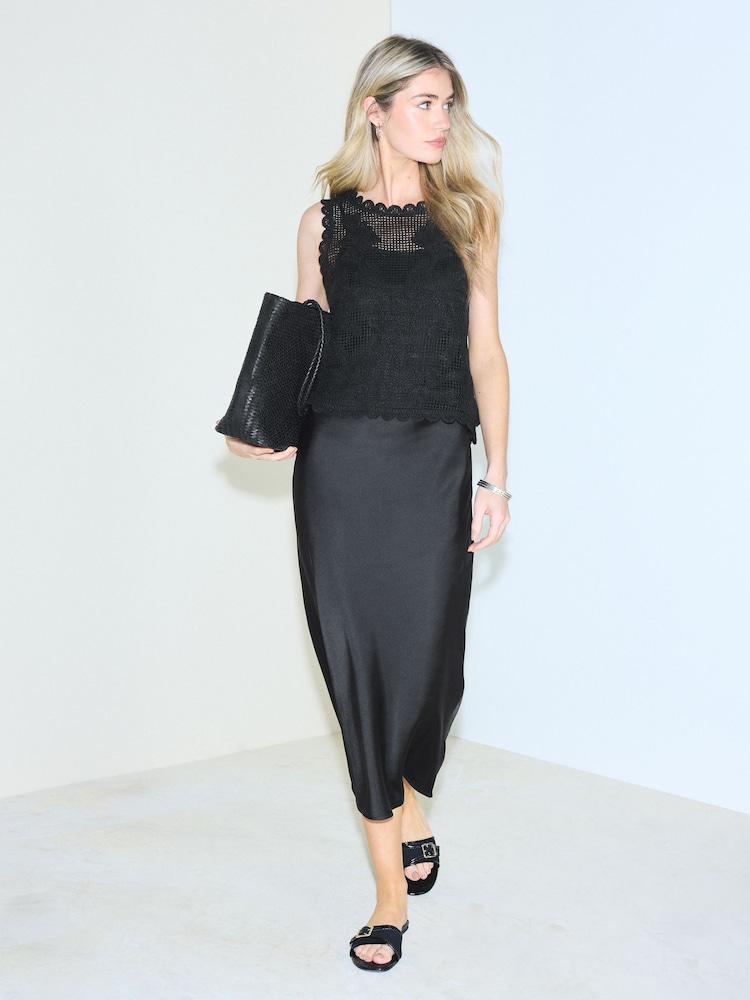 Black Sleeveless 2-in-1 Crochet Maxi Dress - Image 1 of 7 Black Sleeveless 2-in-1 Crochet Maxi Dress - Image 1 of 7