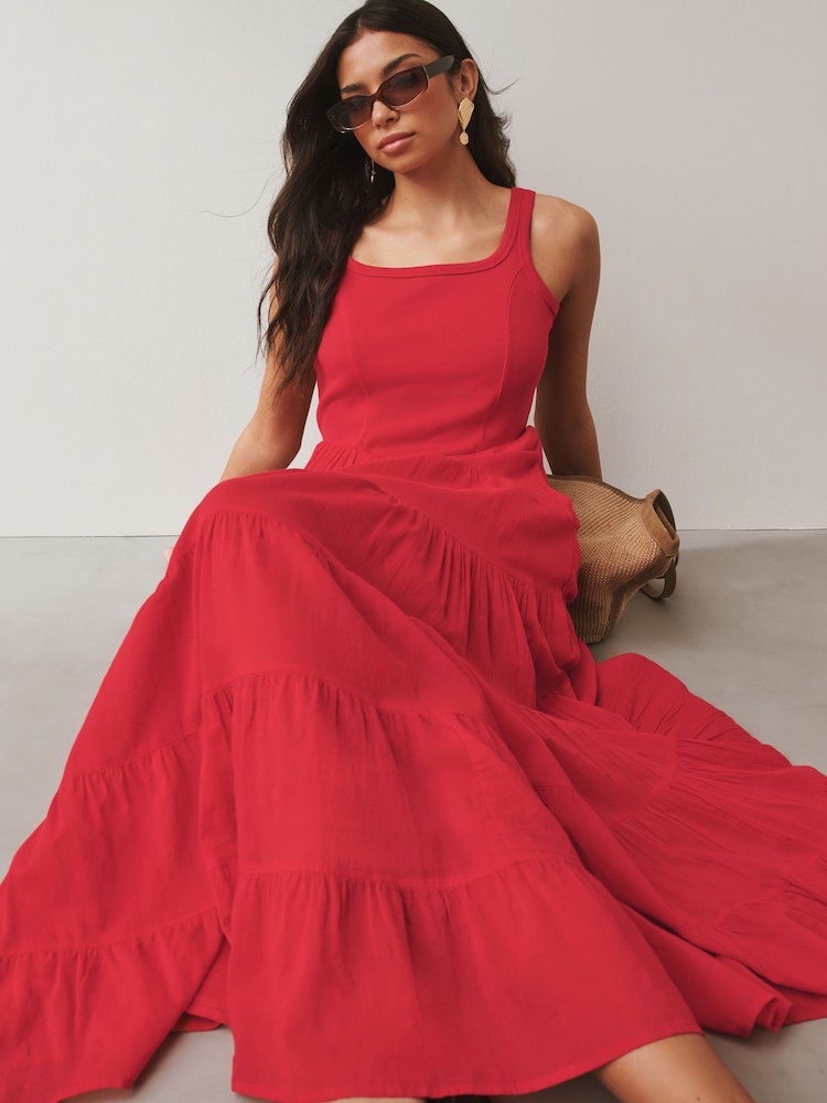 Red Sleeveless Square Neck Tiered Midi Summer Dress - Image 1 of 6