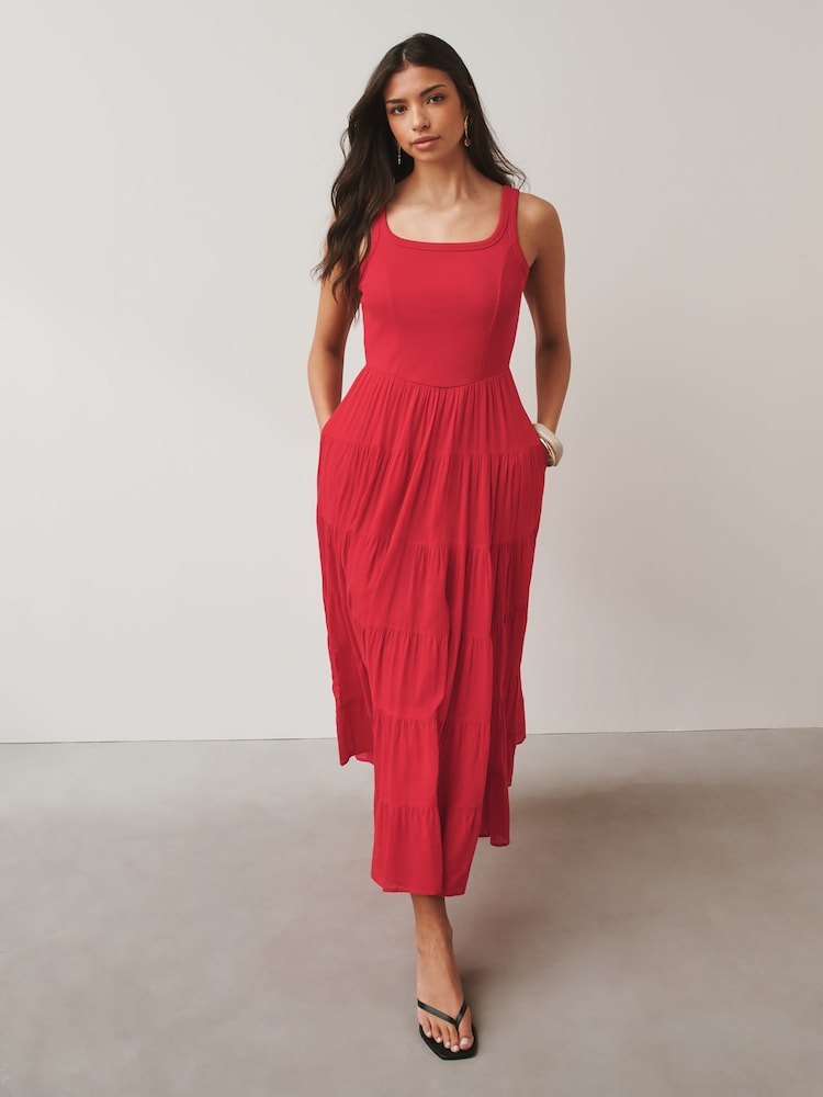 Red Sleeveless Square Neck Tiered Midi Summer Dress - Image 2 of 6