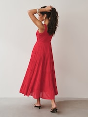 Red Sleeveless Square Neck Tiered Midi Summer Dress - Image 3 of 6