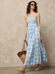Blue Gingham Bandeau Shirred Body Midi Dress - Image 1 of 7