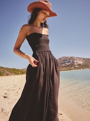 Chocoladebruin - Bandeau midi-jurk met aangerimpelde body - Afbeelding 1 van 8