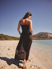 Chocoladebruin - Bandeau midi-jurk met aangerimpelde body - Afbeelding 3 van 8