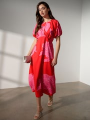 Red/Pink Floral Printed Puff Sleeve Midi Dress - Image 1 of 8