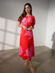 Red/Pink Floral Printed Puff Sleeve Midi Dress - Image 2 of 8