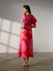 Red/Pink Floral Printed Puff Sleeve Midi Dress - Image 3 of 8