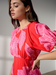 Red/Pink Floral Printed Puff Sleeve Midi Dress - Image 4 of 8