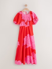 Red/Pink Floral Printed Puff Sleeve Midi Dress - Image 5 of 8