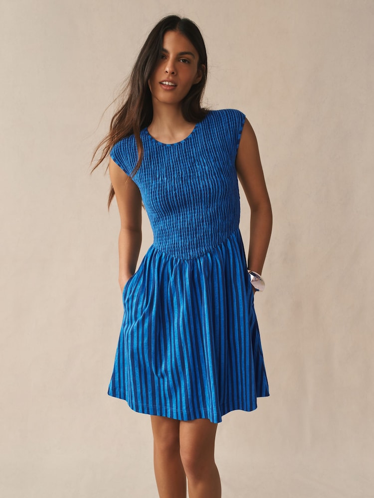 Blue Stripe Cap Sleeve Shirred Body Jersey Mini Dress - Image 1 of 7 Blue Stripe Cap Sleeve Shirred Body Jersey Mini Dress - Image 1 of 7