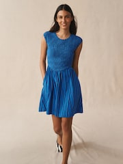 Blue Stripe Cap Sleeve Shirred Body Jersey Mini Dress - Image 2 of 7