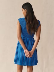 Blue Stripe Cap Sleeve Shirred Body Jersey Mini Dress - Image 3 of 7