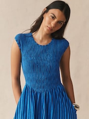 Blue Stripe Cap Sleeve Shirred Body Jersey Mini Dress - Image 4 of 7