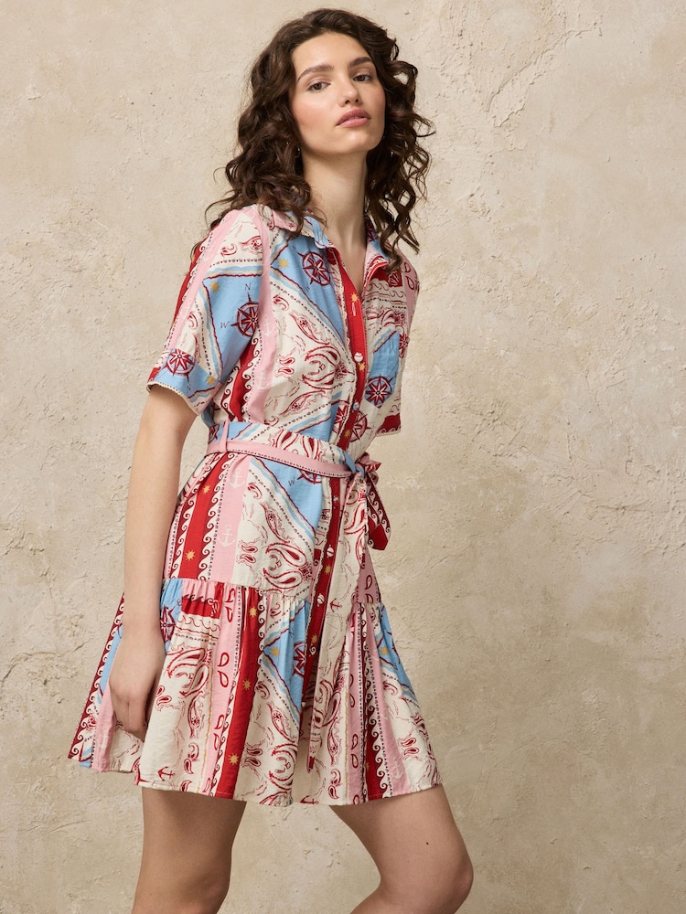 Red/Blue Bandana Printed - Short Sleeve Tie Waist Shirt Dress - Imagen 2 de 8
