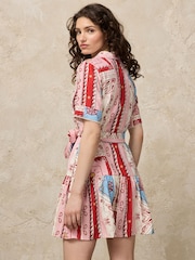 Red/Blue Bandana Printed - Short Sleeve Tie Waist Shirt Dress - Imagen 3 de 8