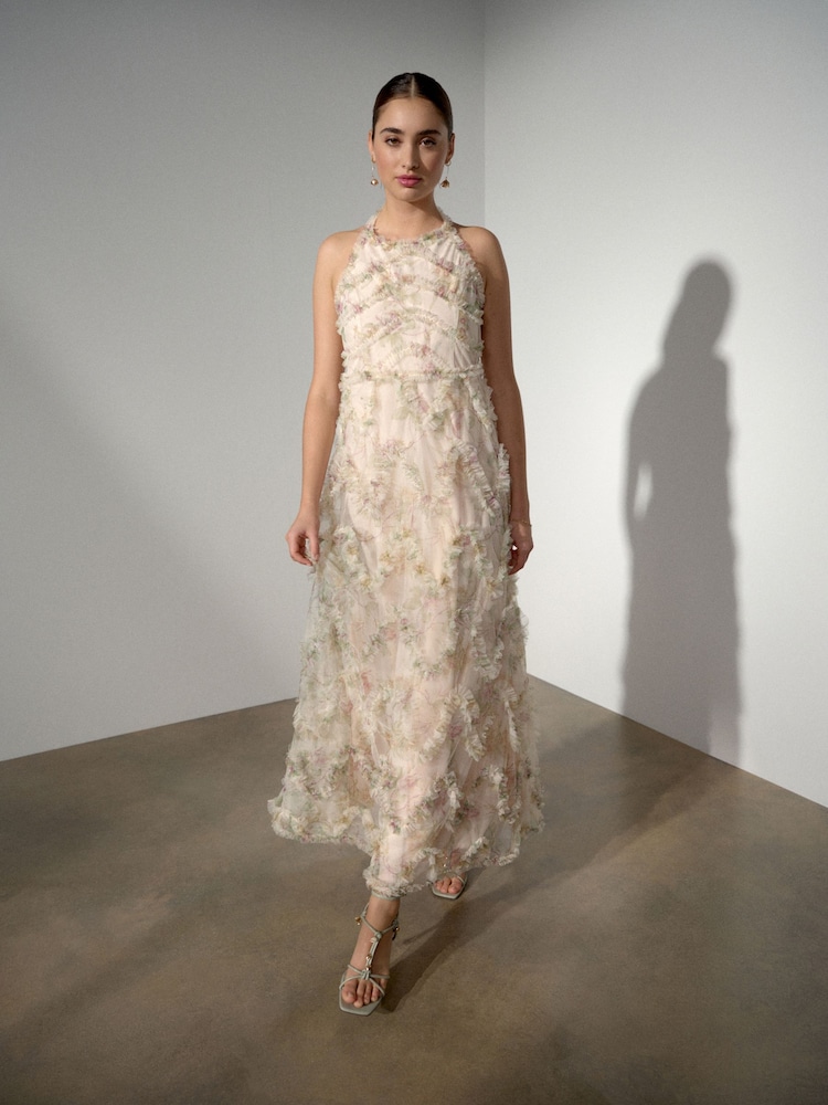 Cream/Pink Floral Halter Neck Ruffle Maxi Occasion Dress - Image 2 of 8