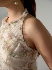 Cream/Pink Floral Halter Neck Ruffle Maxi Occasion Dress - Image 5 of 8