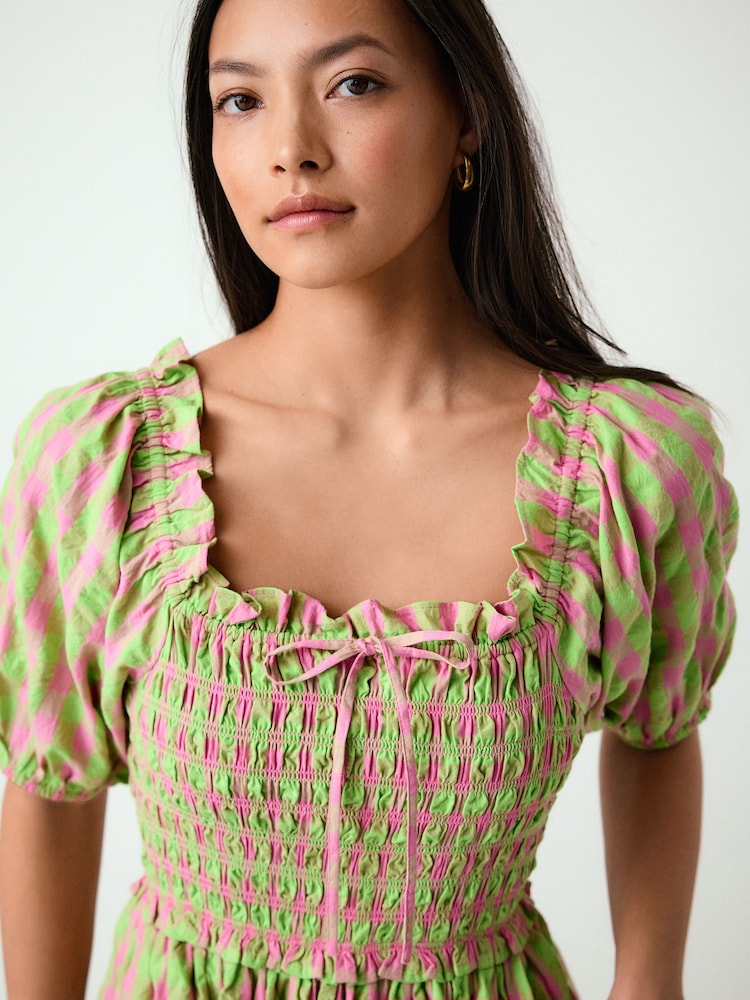 green and pink midi dress Entro Pink Cotton Midi Dress With Green Embroidery Flowers  Purple Door  Boutique