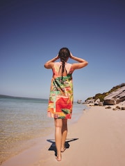 Scène rouge/verte imprimée - Mini-robe décalée à col carré en lin - Image 3 de 8