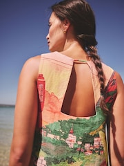 Scène rouge/verte imprimée - Mini-robe décalée à col carré en lin - Image 4 de 8