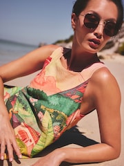 Scène rouge/verte imprimée - Mini-robe décalée à col carré en lin - Image 5 de 8