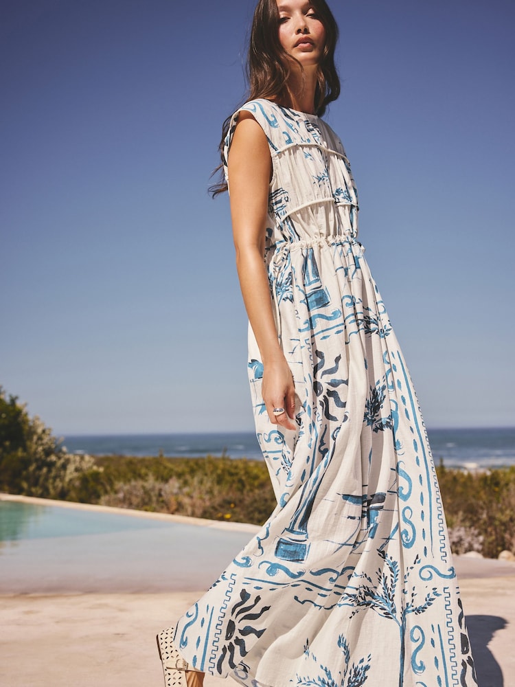 Blue Print Tie Side Midi Summer Dress - Image 1 of 8