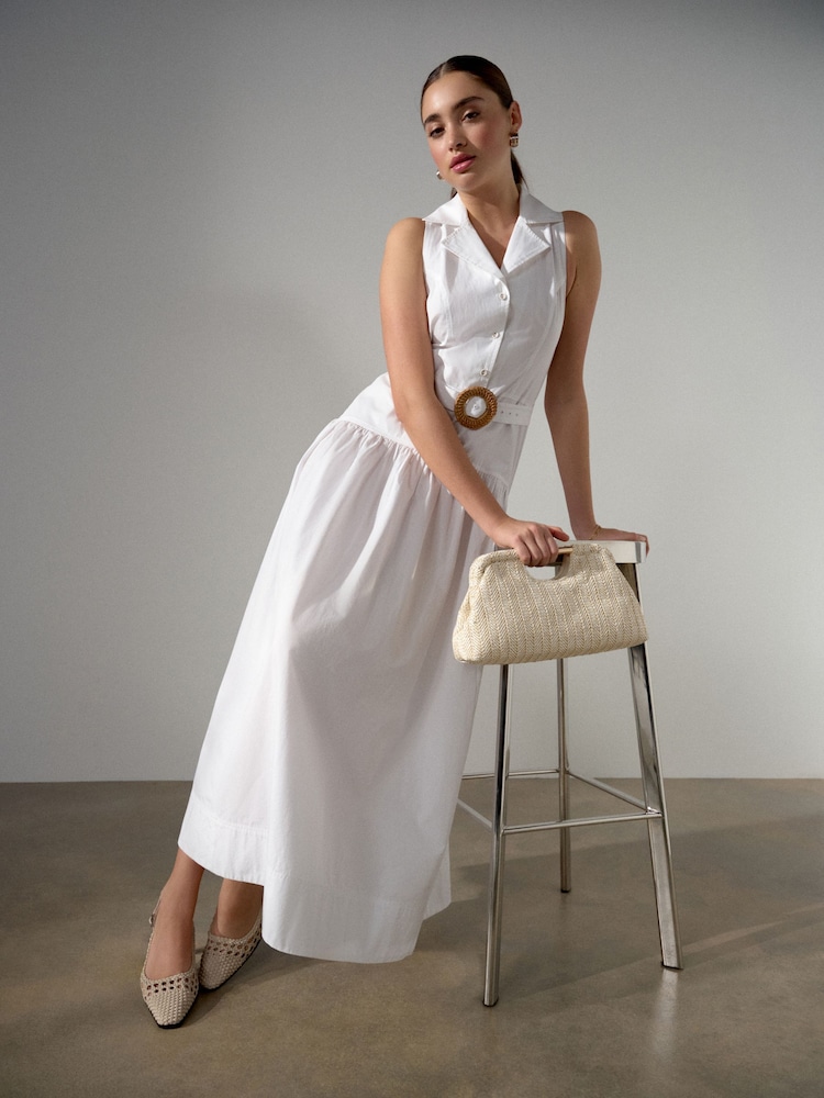 White Cotton Sleeveless Midi Belted Shirt Dress - Image 1 of 7