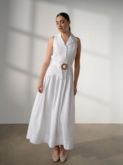 White Cotton Sleeveless Midi Belted Shirt Dress - Image 2 of 7