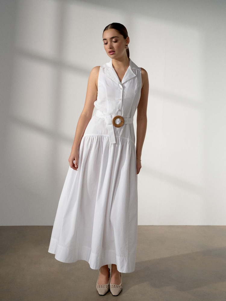 White Cotton Sleeveless Midi Belted Shirt Dress - Image 2 of 7