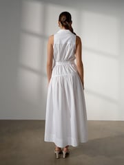 White Cotton Sleeveless Midi Belted Shirt Dress - Image 3 of 7