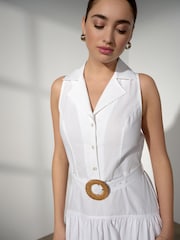 White Cotton Sleeveless Midi Belted Shirt Dress - Image 4 of 7