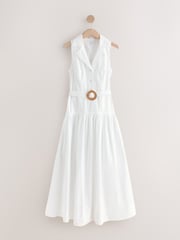 White Cotton Sleeveless Midi Belted Shirt Dress - Image 5 of 7