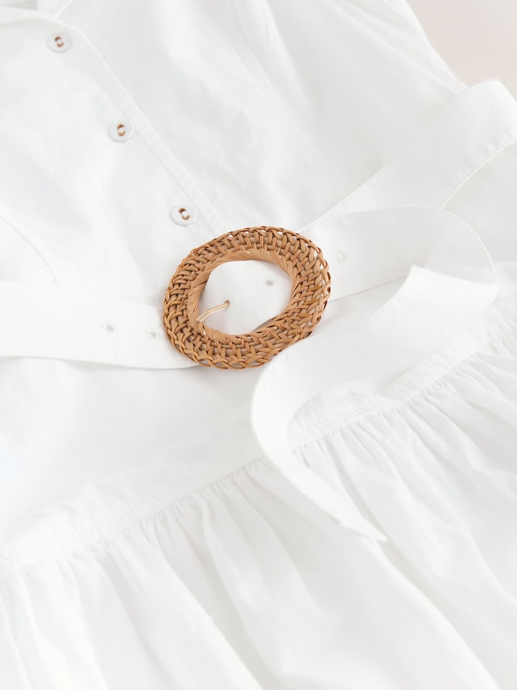 White Cotton Sleeveless Midi Belted Shirt Dress - Image 7 of 7