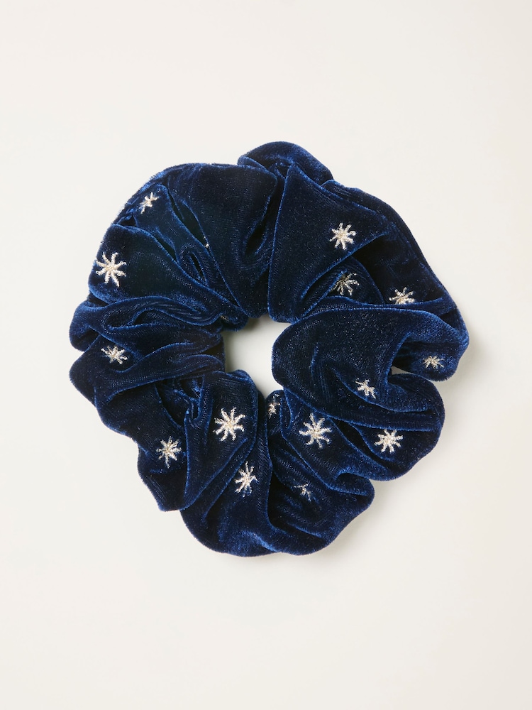 FatFace Navy Velvet Embroidered Scrunchie - Image 1 of 2