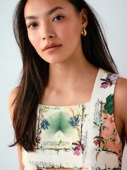 Green/Ecru Kew Collection Botanical Print - Mini-jurk met vierkante halslijn, rijk aan linnen - Afbeelding 4 van 8