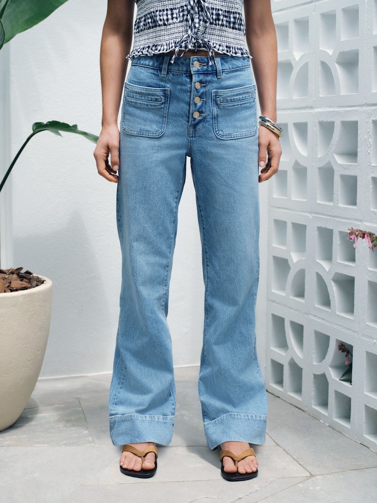 ライトブルー - パッチポケット ワイドレッグジーンズ - 画像 2 / 9