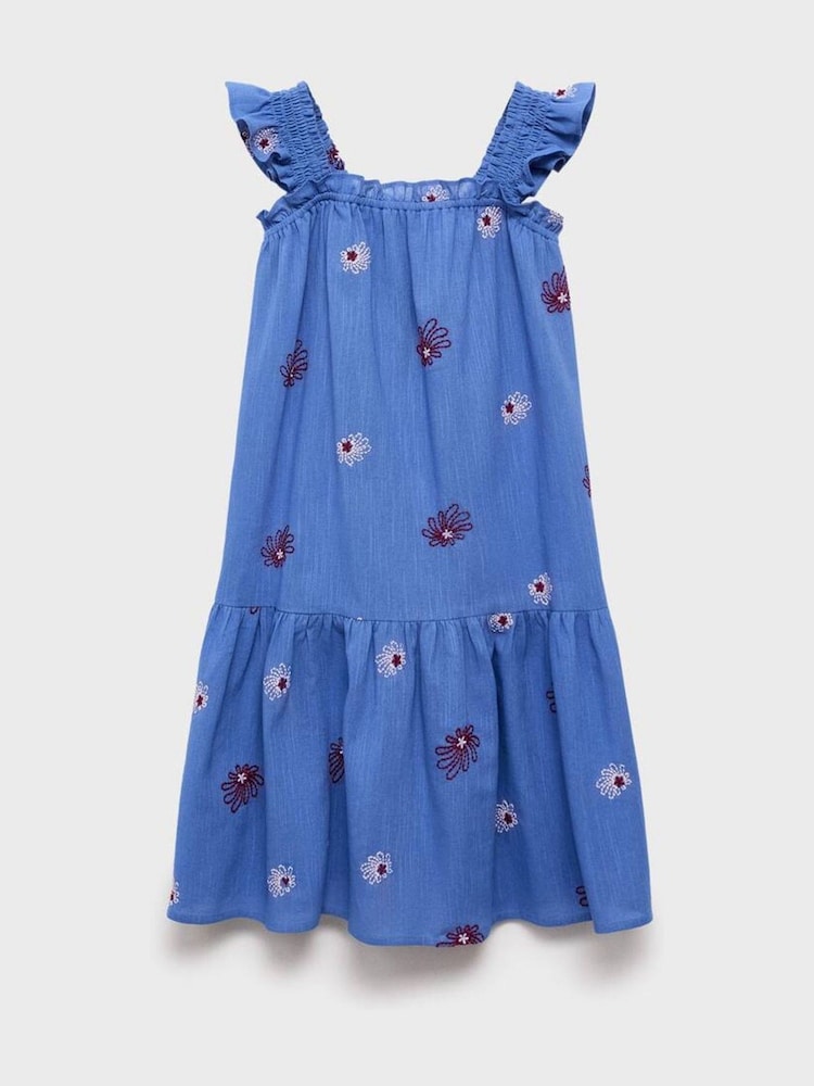 Mango Blue Cotton Ruffled Embroidered Dress - Image 1 of 3 Mango Blue Cotton Ruffled Embroidered Dress - Image 1 of 3