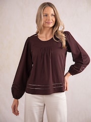 Lakeland Clothing Pearl Linen Blend Brown Blouse - Imagen 1 de 7