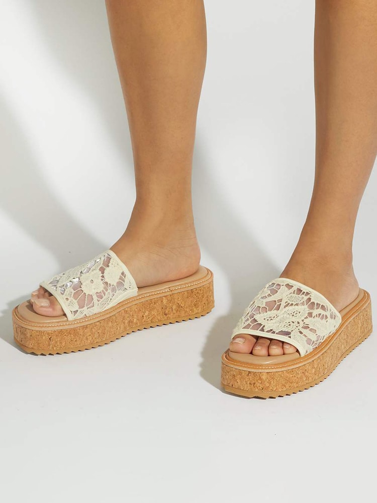 Dune London Cream Luffit Cork Wrap Around Flat Wedge Sandals - Image 1 of 6 Dune London Cream Luffit Cork Wrap Around Flat Wedge Sandals - Image 1 of 6