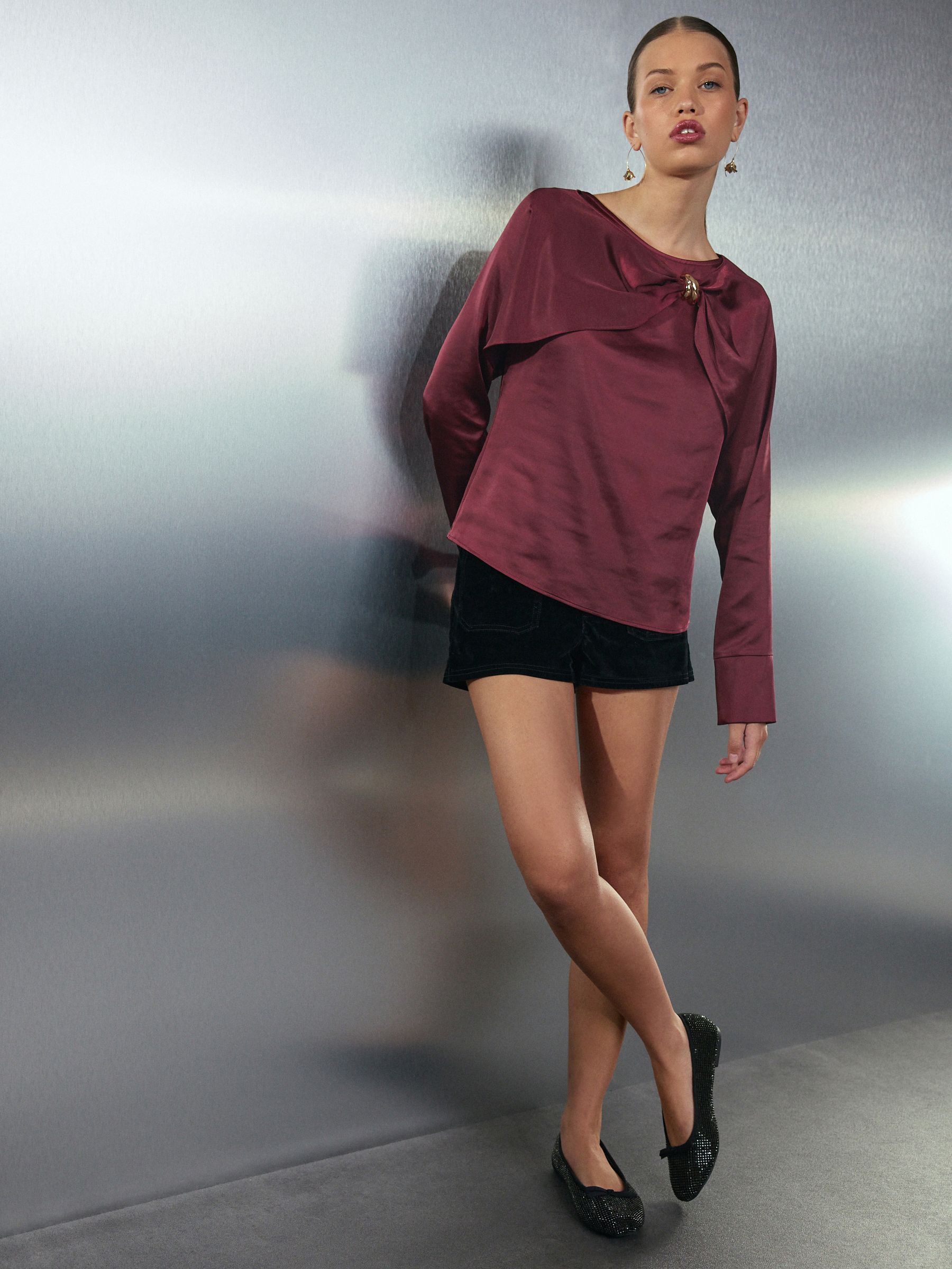 Buy Burgundy Red Long Sleeve Drape Blouse With Gold Hardware from