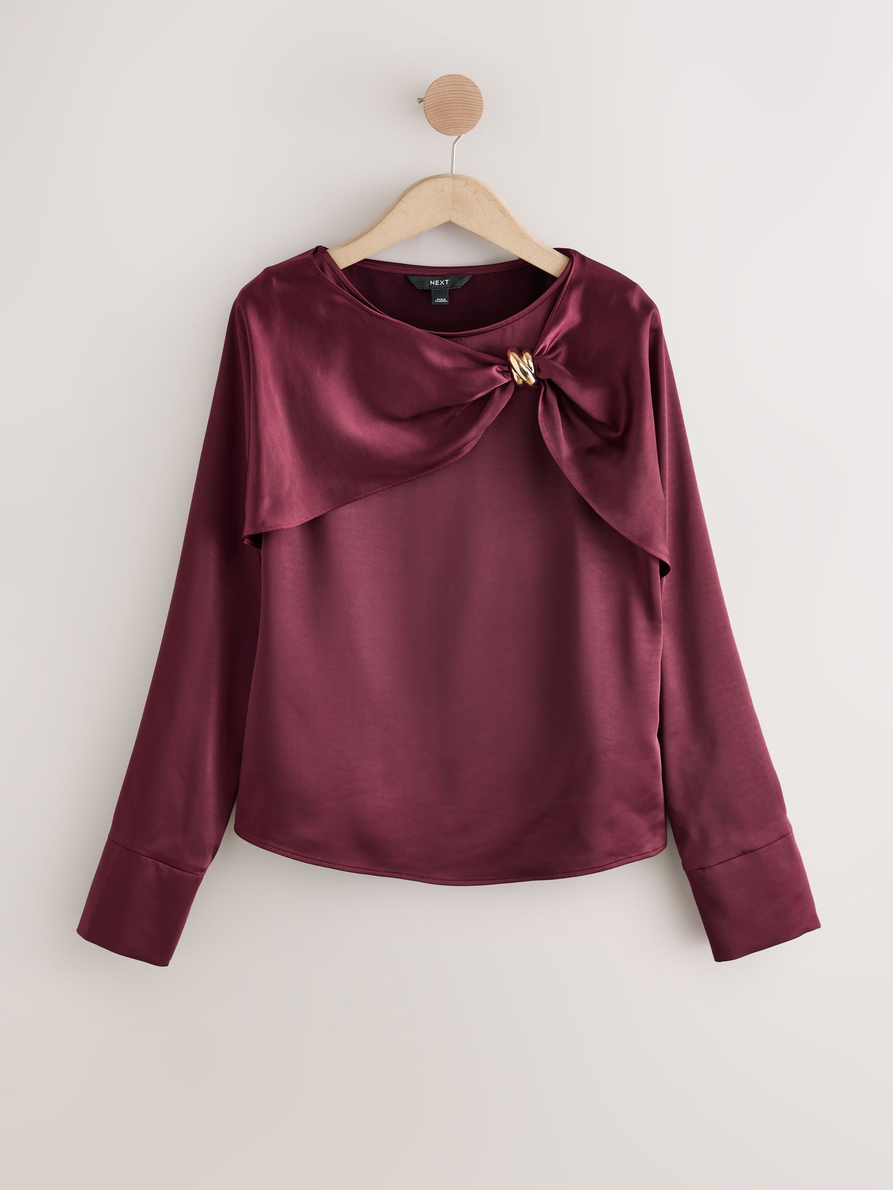 Buy Burgundy Red Long Sleeve Drape Blouse With Gold Hardware from