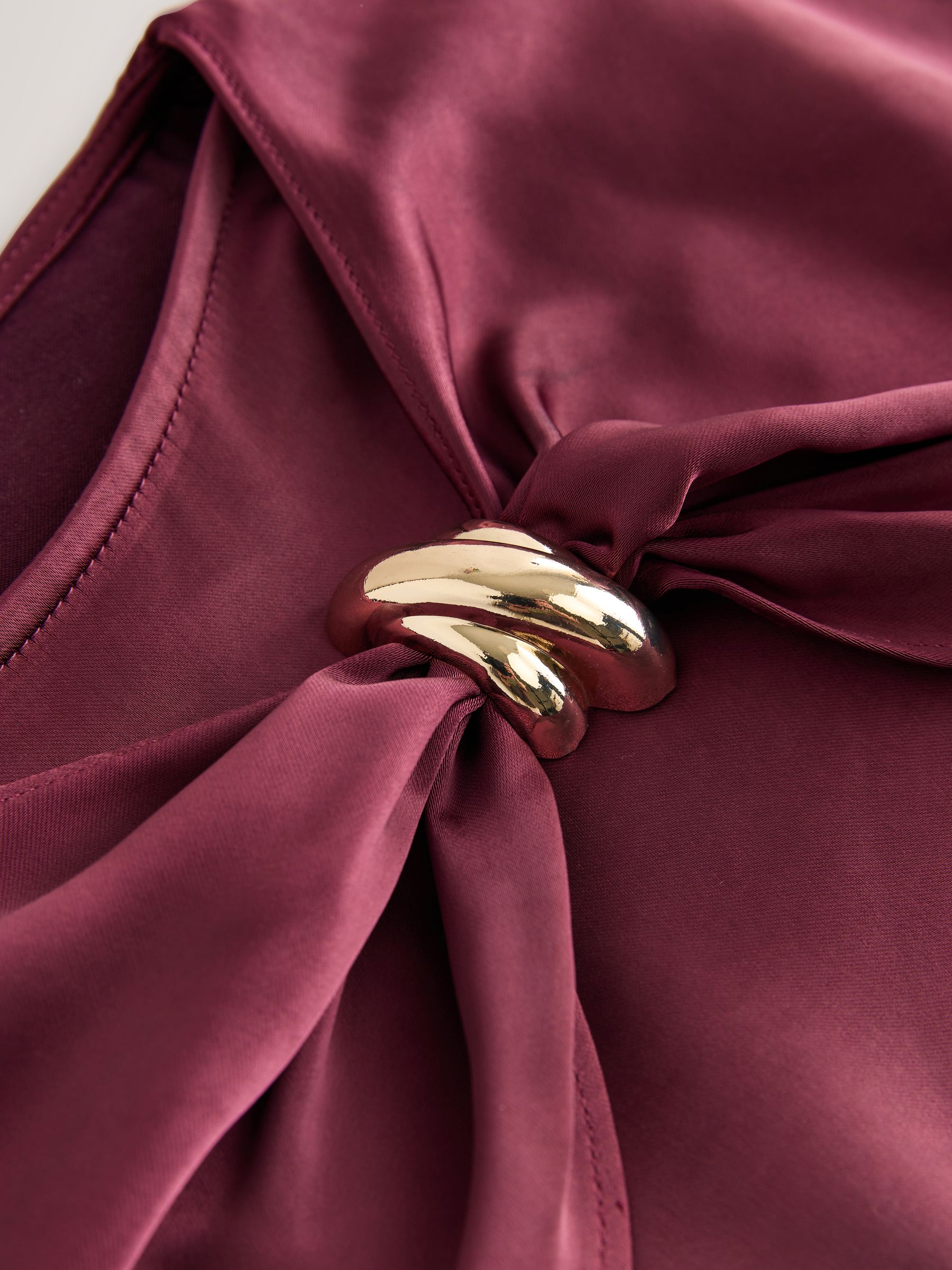 Buy Burgundy Red Long Sleeve Drape Blouse With Gold Hardware from